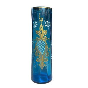 Rare Vintage Hand Painted Blue and Gold Enameled Glass Bud Vase